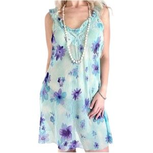 Y2K Coquette Sheer Floral Lace Ruffle Trim Blue Purple Fairycore Slip Dress Sz M